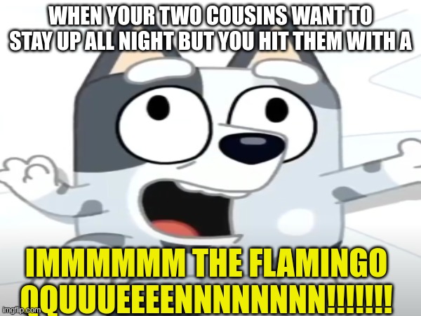 Lol funniest thing I've seen in years | WHEN YOUR TWO COUSINS WANT TO STAY UP ALL NIGHT BUT YOU HIT THEM WITH A; IMMMMMM THE FLAMINGO QQUUUEEEENNNNNNNN!!!!!!! | image tagged in bluey,muffin,im the flamingo queen | made w/ Imgflip meme maker