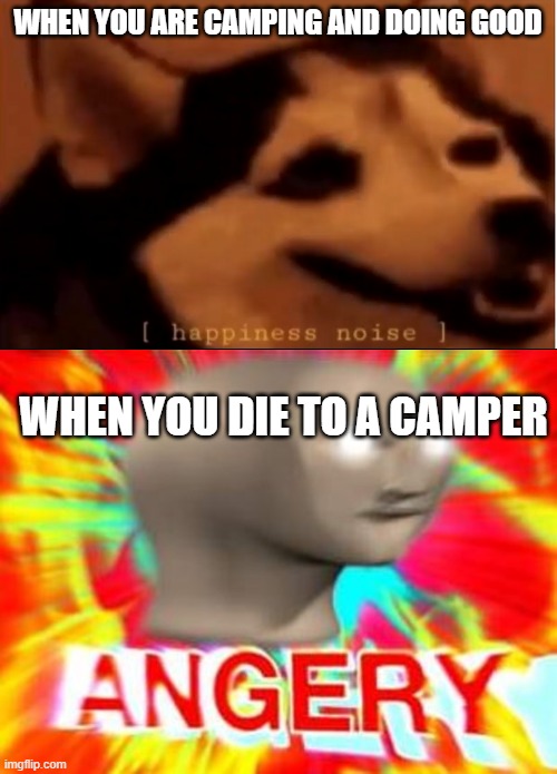 Videogame fact #1: | WHEN YOU ARE CAMPING AND DOING GOOD; WHEN YOU DIE TO A CAMPER | image tagged in hapiness noise,surreal angery | made w/ Imgflip meme maker