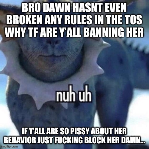 BRO DAWN HASNT EVEN BROKEN ANY RULES IN THE TOS WHY TF ARE Y’ALL BANNING HER; IF Y’ALL ARE SO PISSY ABOUT HER BEHAVIOR JUST FUCKING BLOCK HER DAMN… | made w/ Imgflip meme maker