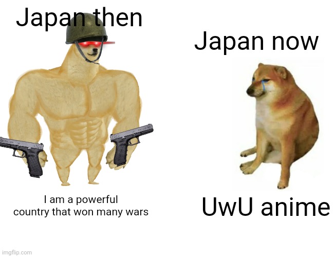 Buff Doge vs. Cheems | Japan then; Japan now; UwU anime; I am a powerful country that won many wars | image tagged in memes,buff doge vs cheems | made w/ Imgflip meme maker