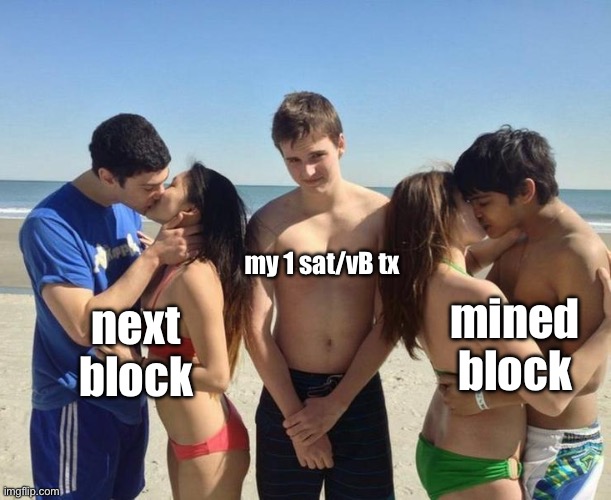The One Left Out | my 1 sat/vB tx; next
block; mined
block | image tagged in the one left out | made w/ Imgflip meme maker