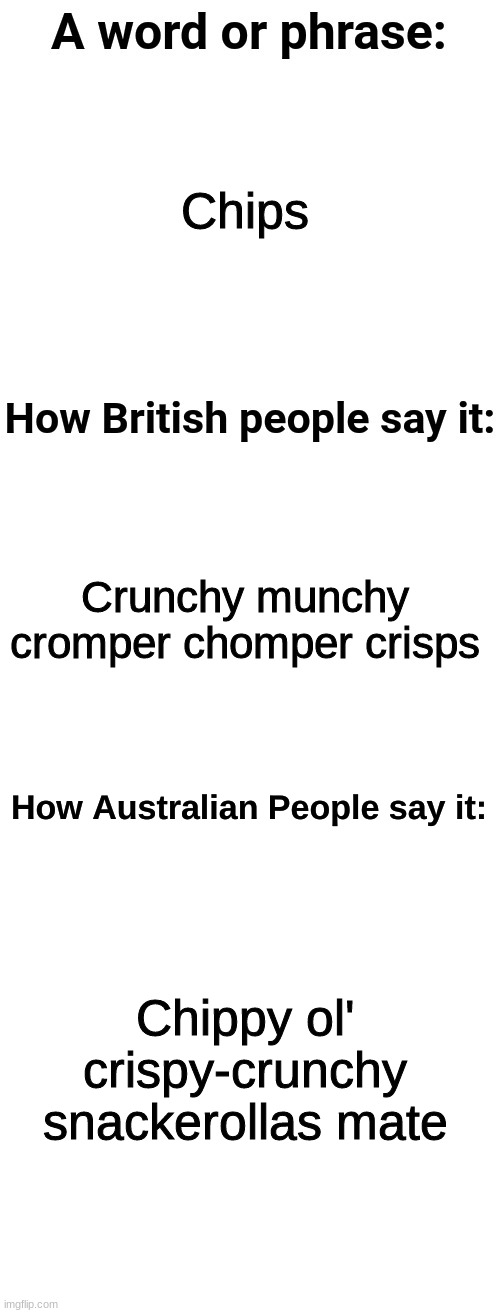How australian people say it | Chips; Crunchy munchy cromper chomper crisps; Chippy ol' crispy-crunchy snackerollas mate | image tagged in how australian people say it | made w/ Imgflip meme maker