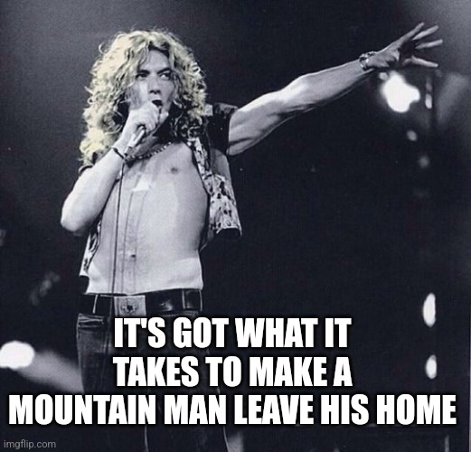 robert plant 2 | IT'S GOT WHAT IT TAKES TO MAKE A MOUNTAIN MAN LEAVE HIS HOME | image tagged in robert plant 2 | made w/ Imgflip meme maker