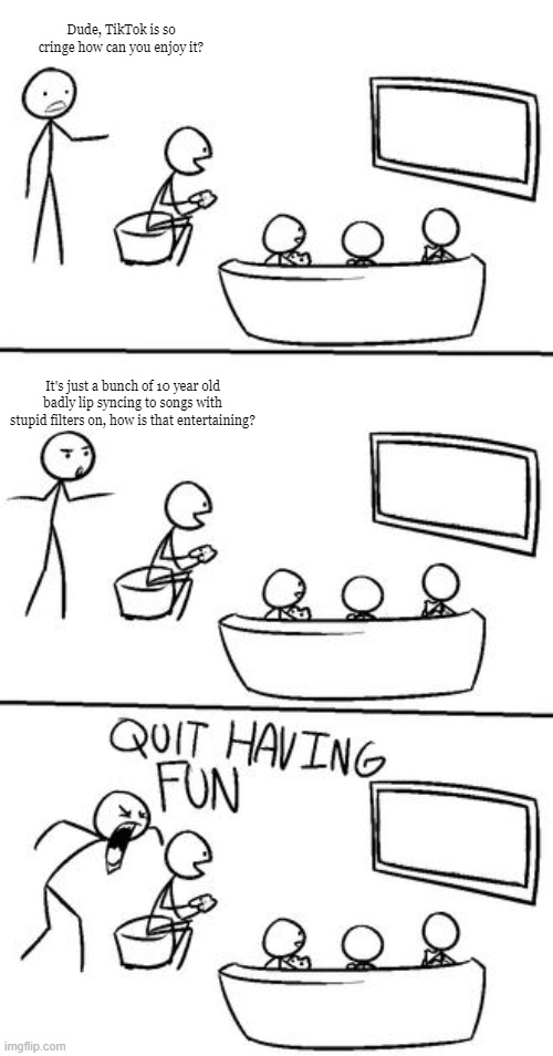 QUIT HAVING FUN! | Dude, TikTok is so cringe how can you enjoy it? It's just a bunch of 10 year old badly lip syncing to songs with stupid filters on, how is that entertaining? | image tagged in quit having fun | made w/ Imgflip meme maker