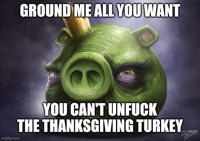 Angry Birds Realistic King Pig | GROUND ME ALL YOU WANT YOU CAN'T UNFUCK THE THANKSGIVING TURKEY | image tagged in angry birds realistic king pig | made w/ Imgflip meme maker