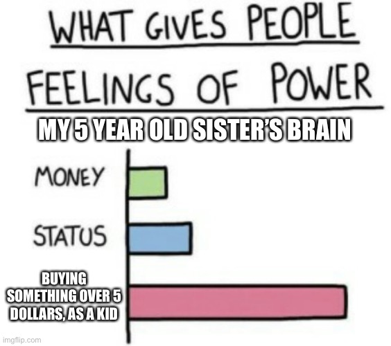 Money | MY 5 YEAR OLD SISTER’S BRAIN; BUYING SOMETHING OVER 5 DOLLARS, AS A KID | image tagged in what gives people feelings of power | made w/ Imgflip meme maker