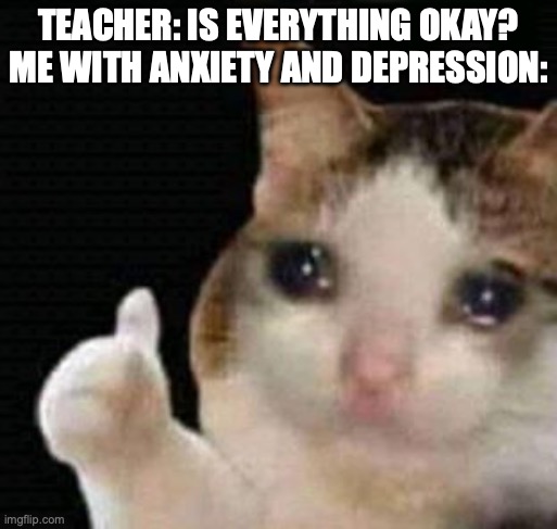 I'm fine | TEACHER: IS EVERYTHING OKAY?
ME WITH ANXIETY AND DEPRESSION: | image tagged in sad thumbs up cat,depression,anxiety,school,teacher | made w/ Imgflip meme maker