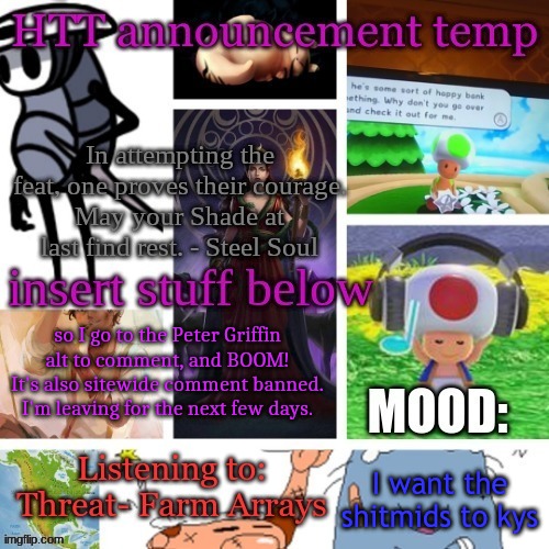 Hecate Announcement V1.1 | so I go to the Peter Griffin alt to comment, and BOOM! It's also sitewide comment banned. I'm leaving for the next few days. I want the shitmids to kys | image tagged in hecate announcement v1 1 | made w/ Imgflip meme maker