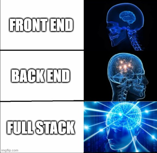 DEVELOPERS | FRONT END; BACK END; FULL STACK | image tagged in galaxy brain 3 brains | made w/ Imgflip meme maker