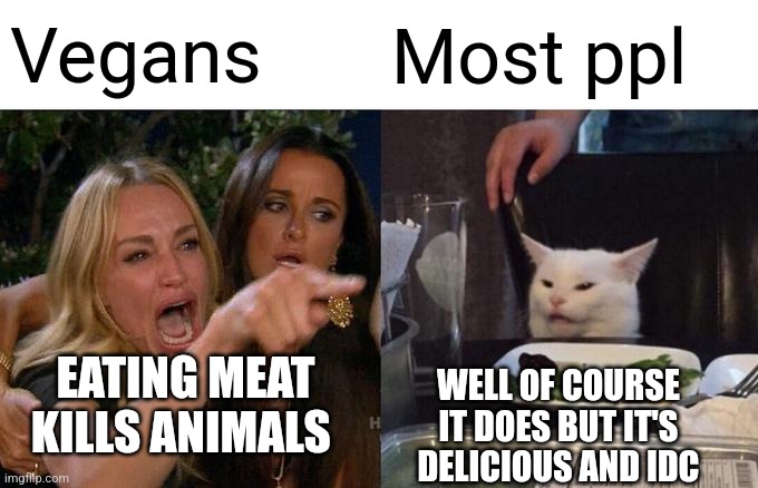 Woman Yelling At Cat | Vegans; Most ppl; EATING MEAT KILLS ANIMALS; WELL OF COURSE IT DOES BUT IT'S DELICIOUS AND IDC | image tagged in memes,woman yelling at cat,meat,vegan,funny,accurate | made w/ Imgflip meme maker