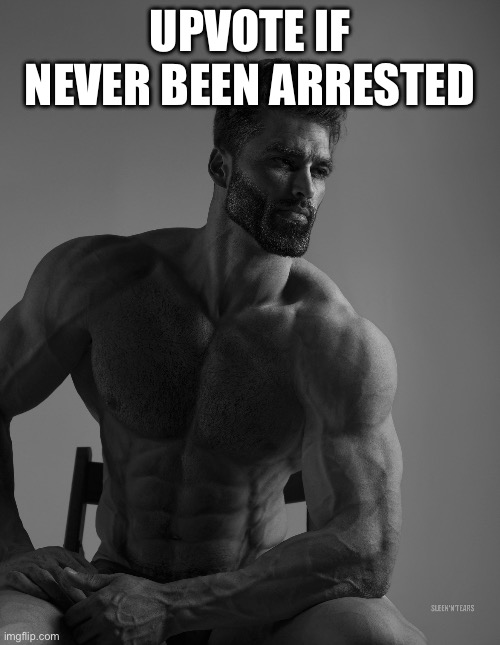 I’ve never | UPVOTE IF NEVER BEEN ARRESTED | image tagged in giga chad | made w/ Imgflip meme maker