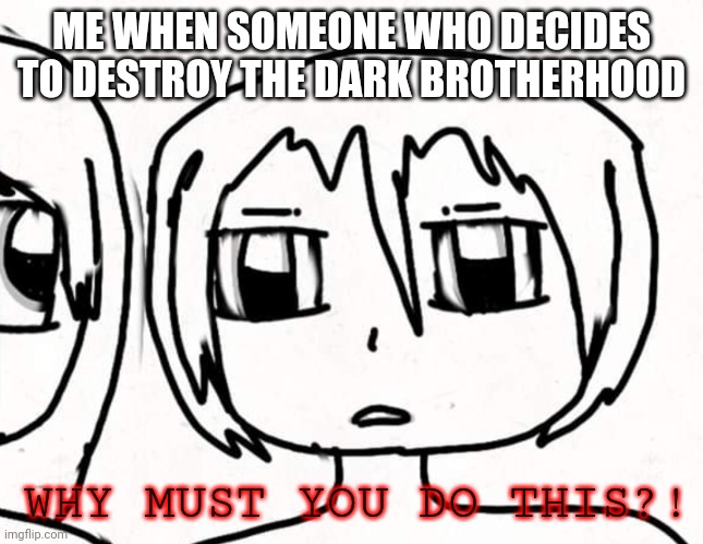 Why must you do this | ME WHEN SOMEONE WHO DECIDES TO DESTROY THE DARK BROTHERHOOD; WHY MUST YOU DO THIS?! | image tagged in why must you do this | made w/ Imgflip meme maker