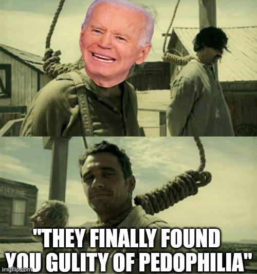 For the children | "THEY FINALLY FOUND  YOU GULITY OF PEDOPHILIA" | image tagged in first time buster scruggs james franco hanging alternate | made w/ Imgflip meme maker