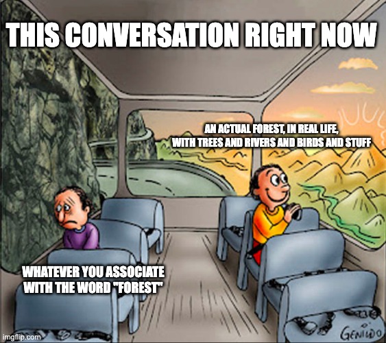 two side of a school bus | THIS CONVERSATION RIGHT NOW; AN ACTUAL FOREST, IN REAL LIFE, WITH TREES AND RIVERS AND BIRDS AND STUFF; WHATEVER YOU ASSOCIATE WITH THE WORD "FOREST" | image tagged in two side of a school bus | made w/ Imgflip meme maker