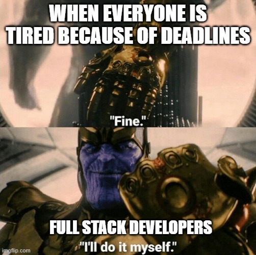 Fine I'll do it myself | WHEN EVERYONE IS TIRED BECAUSE OF DEADLINES; FULL STACK DEVELOPERS | image tagged in fine i'll do it myself | made w/ Imgflip meme maker