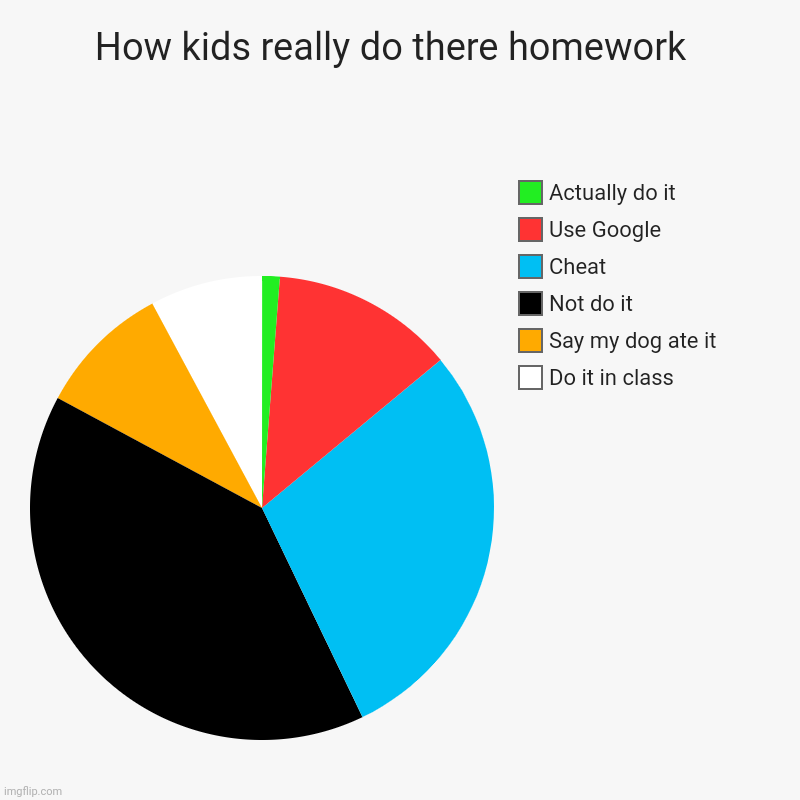 Literally any kid that's 12 and up | How kids really do there homework  | Do it in class, Say my dog ate it, Not do it, Cheat, Use Google , Actually do it | image tagged in charts,pie charts,homework | made w/ Imgflip chart maker
