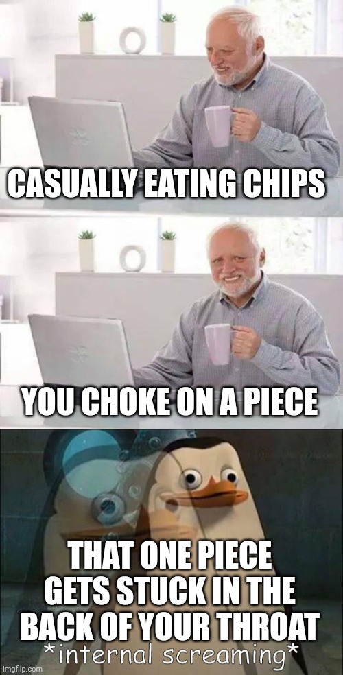 CASUALLY EATING CHIPS; YOU CHOKE ON A PIECE; THAT ONE PIECE GETS STUCK IN THE BACK OF YOUR THROAT | image tagged in memes,hide the pain harold,private internal screaming | made w/ Imgflip meme maker