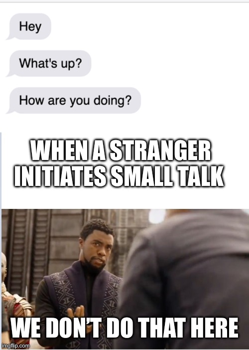 Small talk blues | WHEN A STRANGER INITIATES SMALL TALK; WE DON’T DO THAT HERE | image tagged in we don't do that here | made w/ Imgflip meme maker