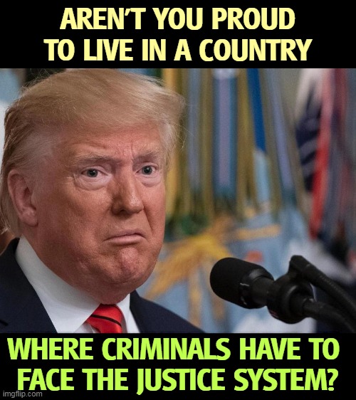 Put the bracelets on him. | AREN'T YOU PROUD TO LIVE IN A COUNTRY; WHERE CRIMINALS HAVE TO 
FACE THE JUSTICE SYSTEM? | image tagged in donald trump - dilated eyes,donald trump,career,criminal,crime,justice | made w/ Imgflip meme maker