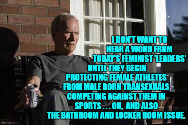You tell 'em Clint! | I DON'T WANT TO HEAR A WORD FROM TODAY'S FEMINIST 'LEADERS'; UNTIL THEY BEGIN PROTECTING FEMALE ATHLETES FROM MALE BORN TRANSEXUALS COMPETING AGAINST THEM IN SPORTS . . . OH,  AND ALSO THE BATHROOM AND LOCKER ROOM ISSUE. | image tagged in clint eastwood gran torino | made w/ Imgflip meme maker