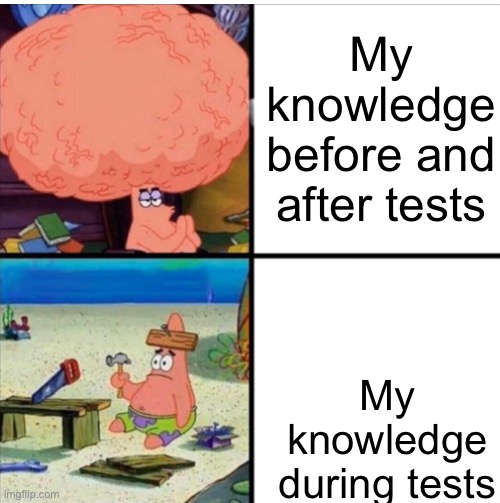 Knowledge | My knowledge before and after tests; My knowledge during tests | image tagged in smart and dumb patrick | made w/ Imgflip meme maker