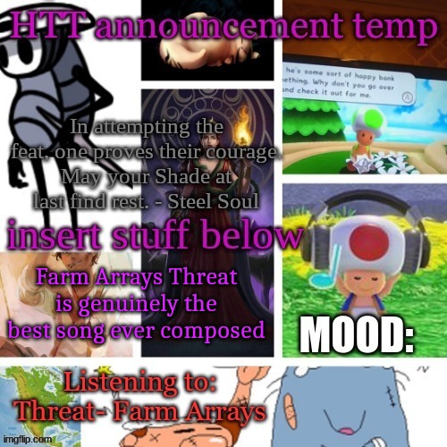 Hecate Announcement V1.1 | Farm Arrays Threat is genuinely the best song ever composed | image tagged in hecate announcement v1 1 | made w/ Imgflip meme maker