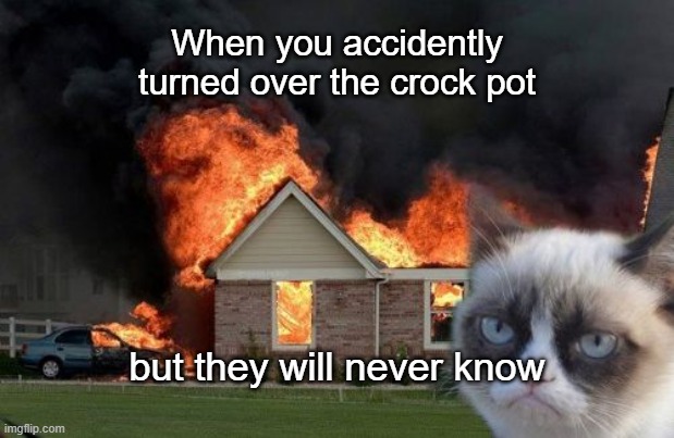 Accident | When you accidently turned over the crock pot; but they will never know | image tagged in memes,burn kitty,grumpy cat | made w/ Imgflip meme maker