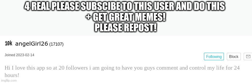 Repost me | 4 REAL PLEASE SUBSCIBE TO THIS USER AND DO THIS 
+ GET GREAT MEMES!
PLEASE REPOST! | image tagged in repost me | made w/ Imgflip meme maker