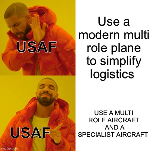 Drake Hotline Bling | Use a modern multi role plane to simplify logistics; USAF; USE A MULTI ROLE AIRCRAFT  AND A SPECIALIST AIRCRAFT; USAF | image tagged in memes,drake hotline bling,usaf,aircraft,stop reading the tags | made w/ Imgflip meme maker