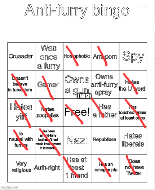 i wan gun but only nerf guns that are too big for my liking | I WISH | image tagged in anti-furry bingo | made w/ Imgflip meme maker