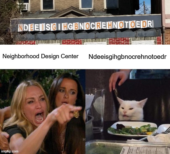 Ndeeisgihgbnocrehnotoedr | Neighborhood Design Center; Ndeeisgihgbnocrehnotoedr | image tagged in memes,woman yelling at cat | made w/ Imgflip meme maker