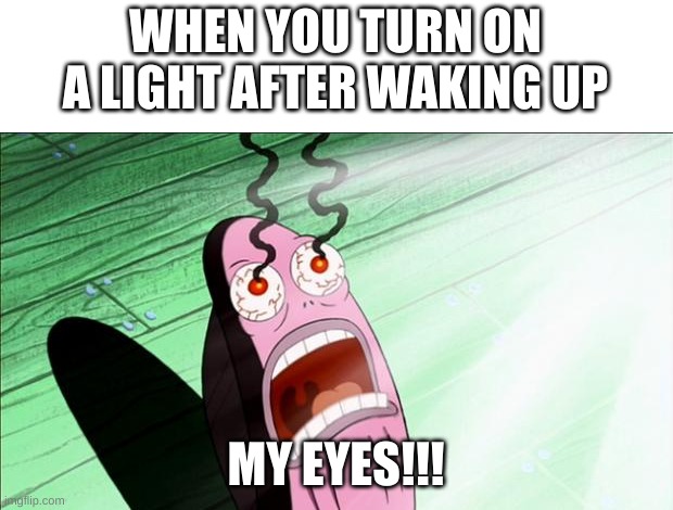 I hate doing this because MY EYES | WHEN YOU TURN ON A LIGHT AFTER WAKING UP; MY EYES!!! | image tagged in spongebob my eyes | made w/ Imgflip meme maker