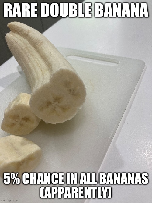 Rare double banana (apparently) | RARE DOUBLE BANANA; 5% CHANCE IN ALL BANANAS
(APPARENTLY) | image tagged in cool,rare,funny | made w/ Imgflip meme maker