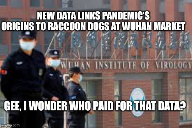 NEW DATA LINKS PANDEMIC’S ORIGINS TO RACCOON DOGS AT WUHAN MARKET; GEE, I WONDER WHO PAID FOR THAT DATA? | image tagged in covid-19,fauci,china virus | made w/ Imgflip meme maker