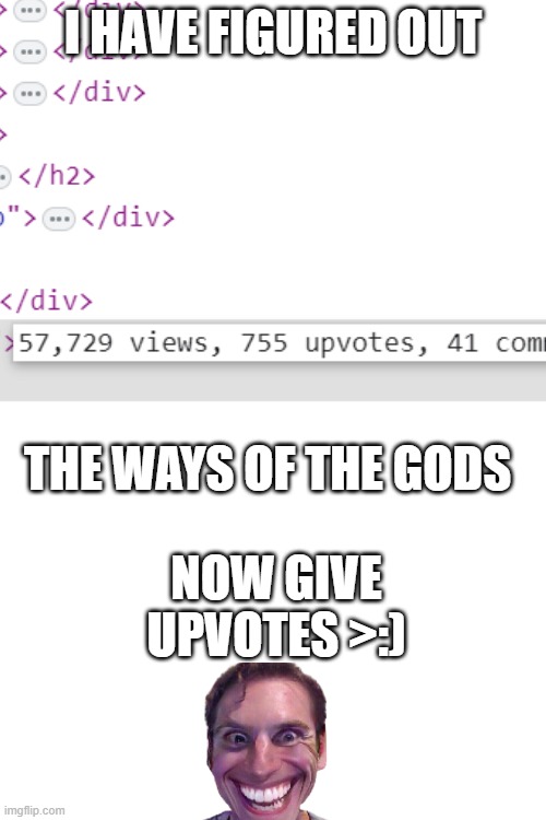 :O | I HAVE FIGURED OUT; THE WAYS OF THE GODS; NOW GIVE UPVOTES >:) | image tagged in wow | made w/ Imgflip meme maker
