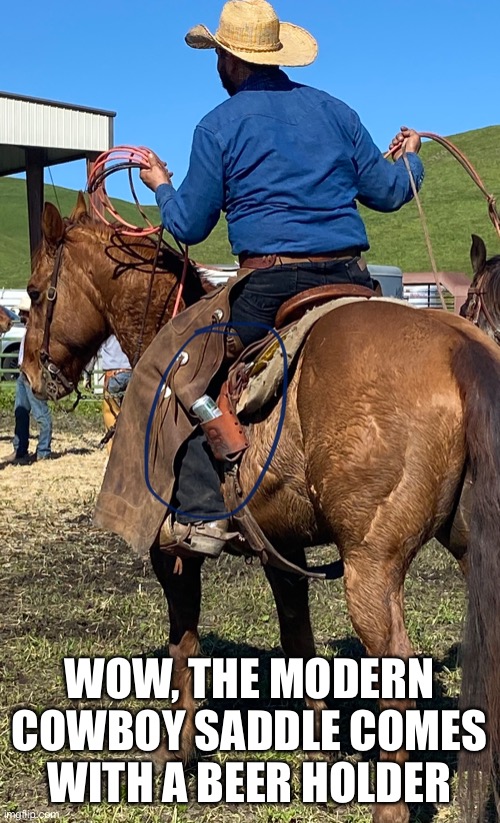 Modern Cowboy | WOW, THE MODERN COWBOY SADDLE COMES WITH A BEER HOLDER | image tagged in funny meme,cowboy,beer | made w/ Imgflip meme maker