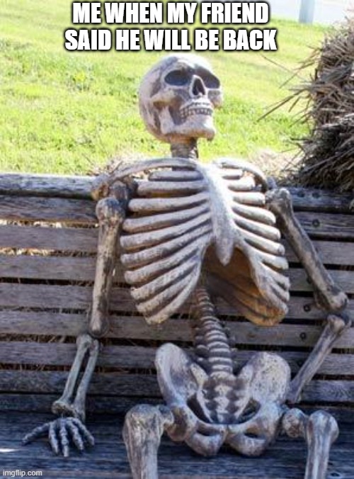 ok l be right back | ME WHEN MY FRIEND SAID HE WILL BE BACK | image tagged in memes,waiting skeleton | made w/ Imgflip meme maker