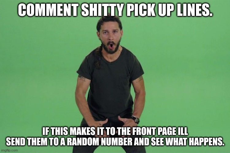 Thisisadeathwishbutidontcaaaarrreeeeeee | COMMENT SHITTY PICK UP LINES. IF THIS MAKES IT TO THE FRONT PAGE ILL SEND THEM TO A RANDOM NUMBER AND SEE WHAT HAPPENS. | image tagged in shia labeouf just do it | made w/ Imgflip meme maker