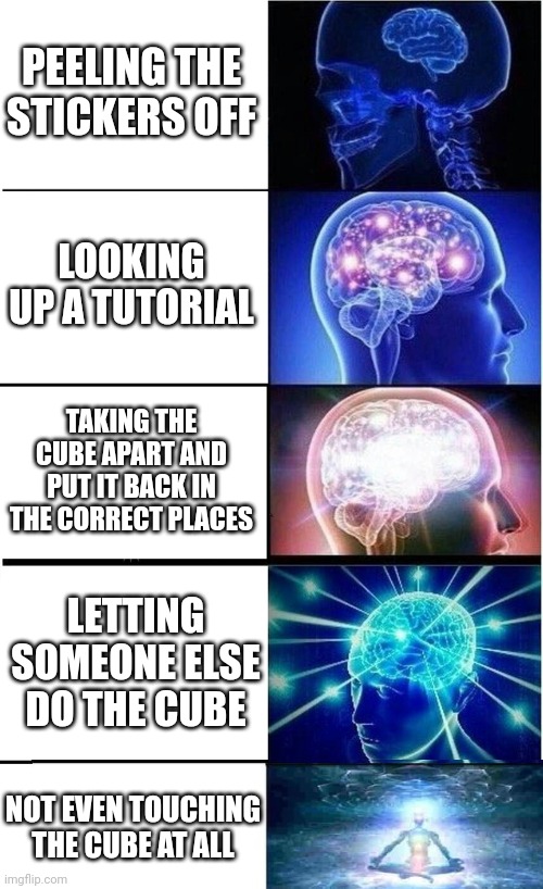 Solving a Rubik's cube | PEELING THE STICKERS OFF; LOOKING UP A TUTORIAL; TAKING THE CUBE APART AND PUT IT BACK IN THE CORRECT PLACES; LETTING SOMEONE ELSE DO THE CUBE; NOT EVEN TOUCHING THE CUBE AT ALL | image tagged in memes,expanding brain,expanding brain 5 panel,rubik's cube | made w/ Imgflip meme maker