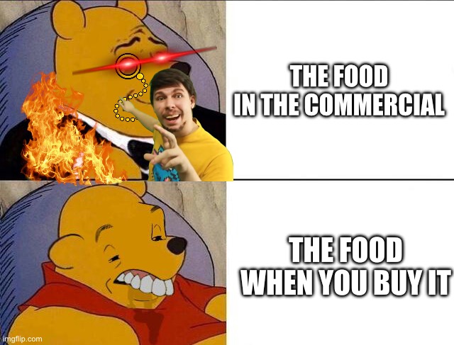 Tuxedo Winnie the Pooh grossed reverse | THE FOOD IN THE COMMERCIAL; THE FOOD WHEN YOU BUY IT | image tagged in tuxedo winnie the pooh grossed reverse | made w/ Imgflip meme maker