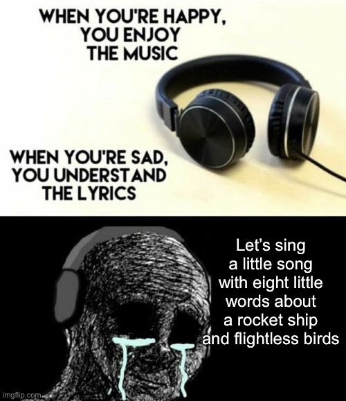 When you’re happy you enjoy the music | Let’s sing a little song with eight little words about a rocket ship and flightless birds | image tagged in when you re happy you enjoy the music,memes | made w/ Imgflip meme maker