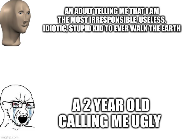 AN ADULT TELLING ME THAT I AM THE MOST IRRESPONSIBLE, USELESS, IDIOTIC, STUPID KID TO EVER WALK THE EARTH; A 2 YEAR OLD CALLING ME UGLY | made w/ Imgflip meme maker