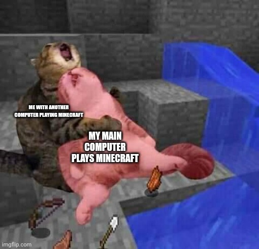 Me when playing minecraft in 2 computer | MY MAIN COMPUTER PLAYS MINECRAFT; ME WITH ANOTHER COMPUTER PLAYING MINECRAFT | image tagged in dead minecraft cat meme | made w/ Imgflip meme maker