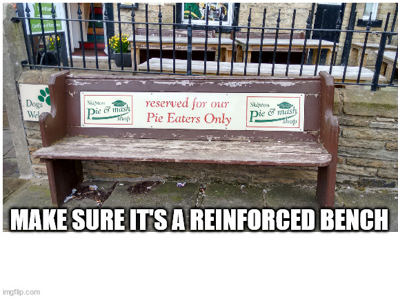 Good design | MAKE SURE IT'S A REINFORCED BENCH | image tagged in pie,fat,bench,design | made w/ Imgflip meme maker