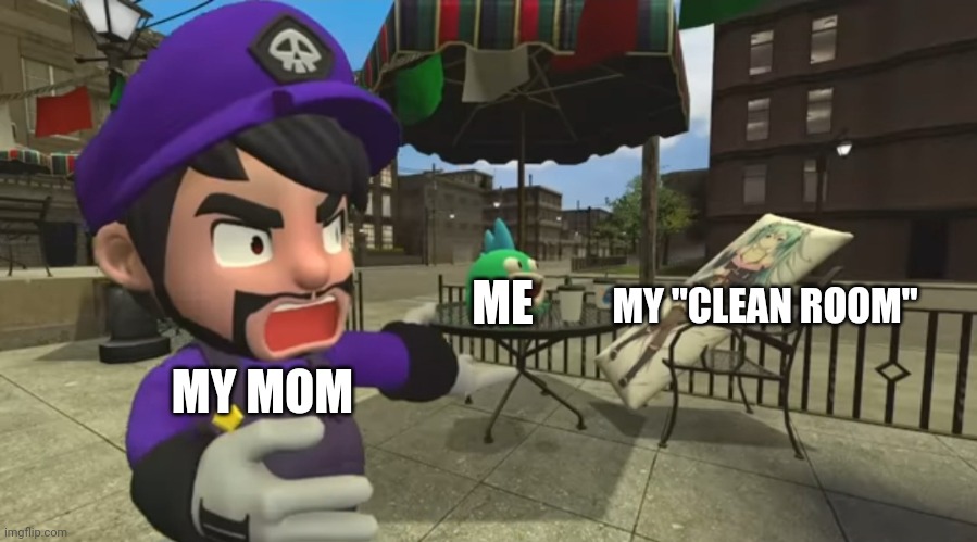 ME; MY "CLEAN ROOM"; MY MOM | image tagged in smg3,angry | made w/ Imgflip meme maker