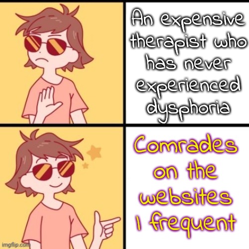 Nothing beats lived history. | An expensive
therapist who
has never
experienced
dysphoria; Comrades
on the
websites
I frequent | image tagged in enby sayori,helpful,good advice,lgbt | made w/ Imgflip meme maker