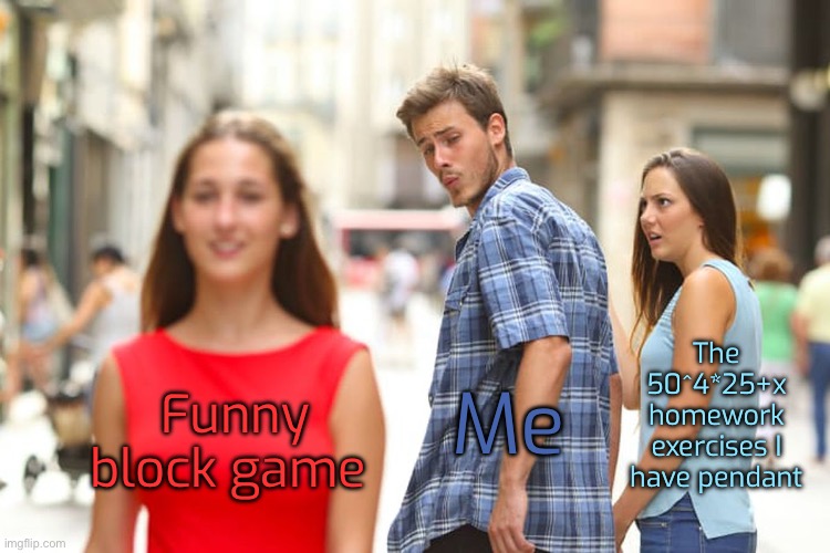 It be like this… | The 50^4*25+x homework exercises I have pendant; Funny block game; Me | image tagged in memes,distracted boyfriend | made w/ Imgflip meme maker