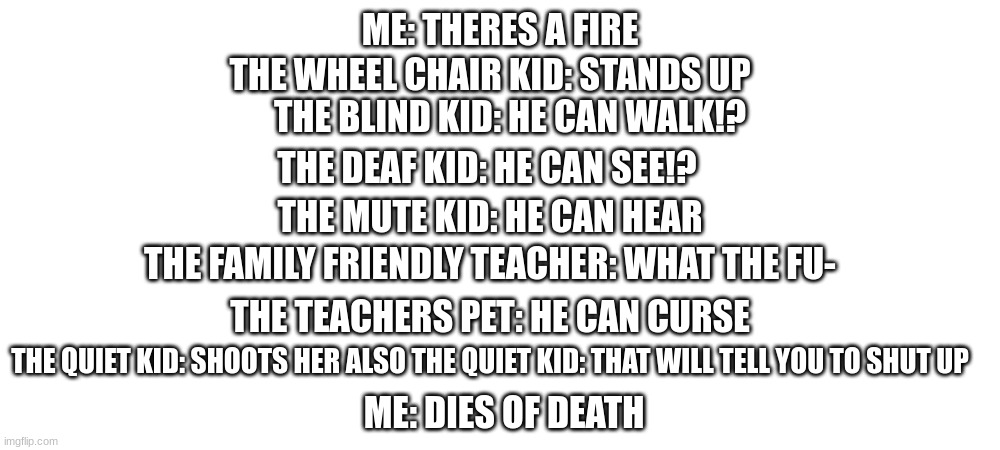 (extended) the kids | ME: THERES A FIRE; THE WHEEL CHAIR KID: STANDS UP; THE BLIND KID: HE CAN WALK!? THE DEAF KID: HE CAN SEE!? THE MUTE KID: HE CAN HEAR; THE FAMILY FRIENDLY TEACHER: WHAT THE FU-; THE TEACHERS PET: HE CAN CURSE; THE QUIET KID: SHOOTS HER ALSO THE QUIET KID: THAT WILL TELL YOU TO SHUT UP; ME: DIES OF DEATH | image tagged in cringe | made w/ Imgflip meme maker