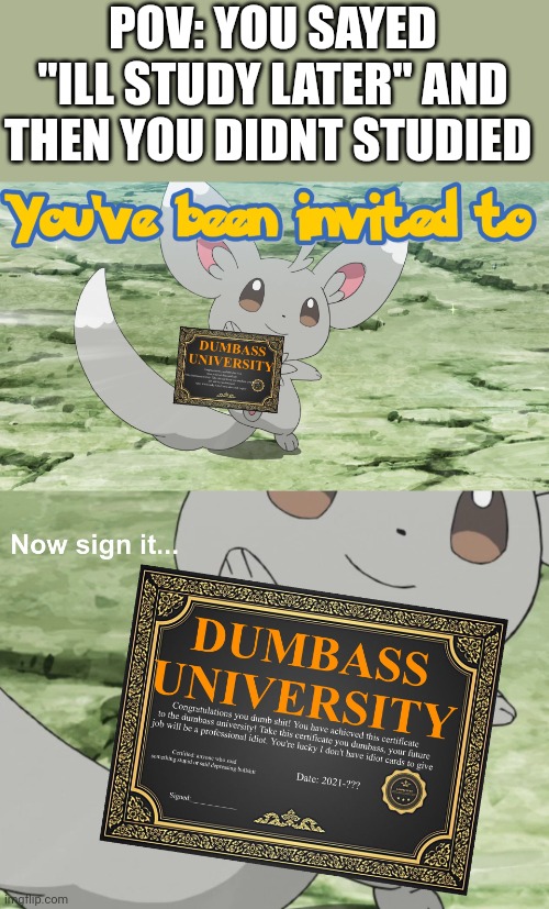 You've been invited to dumbass university | POV: YOU SAYED "ILL STUDY LATER" AND THEN YOU DIDNT STUDIED | image tagged in you've been invited to dumbass university | made w/ Imgflip meme maker