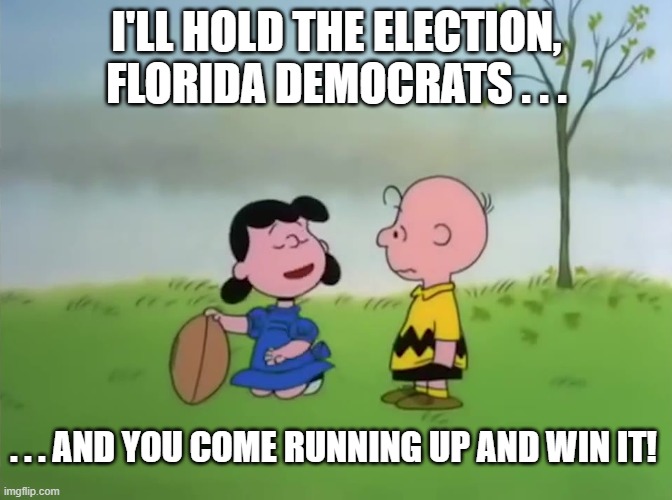 I'll Hold the Football Florida Democratic Party | I'LL HOLD THE ELECTION, FLORIDA DEMOCRATS . . . . . . AND YOU COME RUNNING UP AND WIN IT! | image tagged in i'll hold the football,charlie brown,charlie brown football,lucy,florida democrats | made w/ Imgflip meme maker